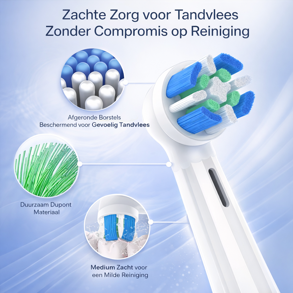 Close-up van Oral-B iO opzetborstels, compatibel met iO series 2 t/m 10, essentieel voor dagelijkse mondverzorging.
