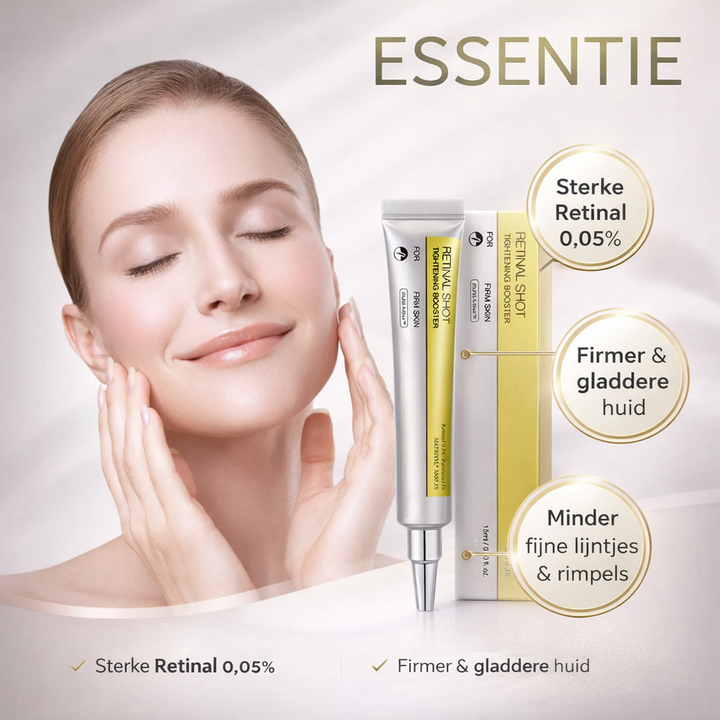 Een druppel Retinol gezichtsserum op de vingertop, klaar voor dagelijks gebruik tegen huidveroudering.