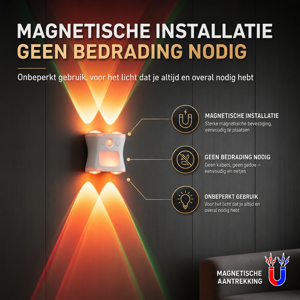 Oplaadbaar LED nachtlampje met bewegingssensor voor veilige trap- en gangverlichting in RGB kleuren.