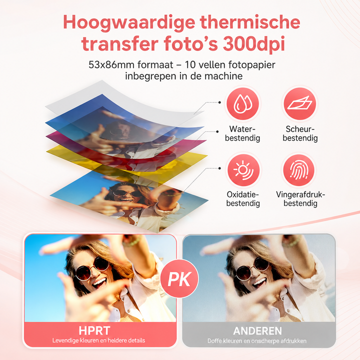 Draagbare fotoprinter voor scherpe, levendige afdrukken van jouw momenten direct vanaf je telefoon of tablet.