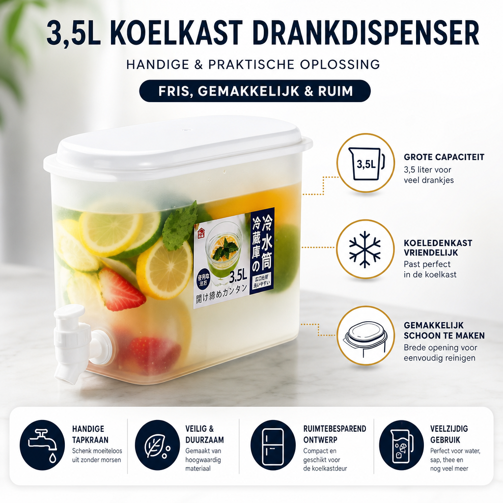 Transparante sapkan van 3.5L met kraan; perfect voor ijswater, limonade of vers sap in de koelkast.