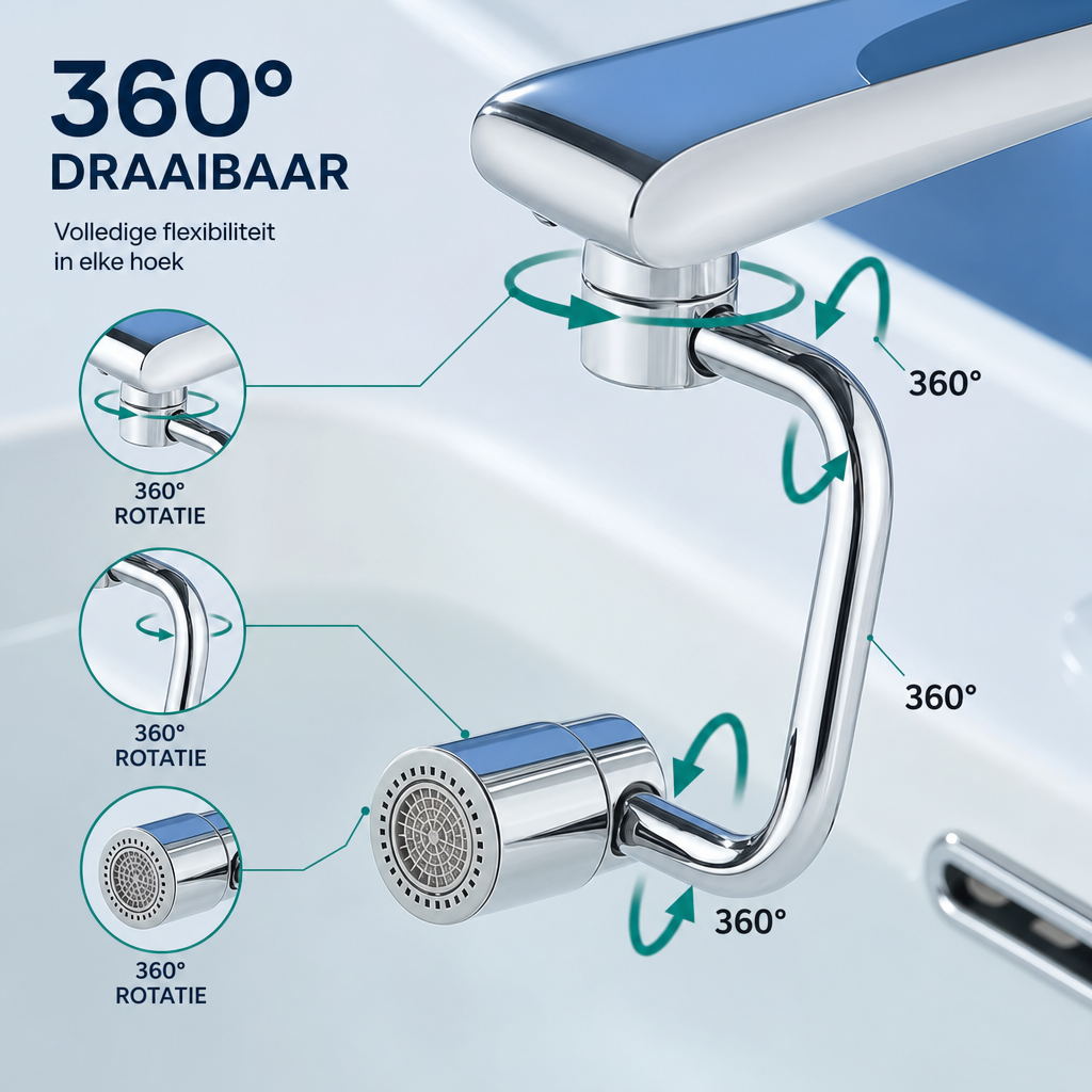 Flexibele 1080 graden draaibare RVS kraanadapter, perfect voor sanitair in uw huis.