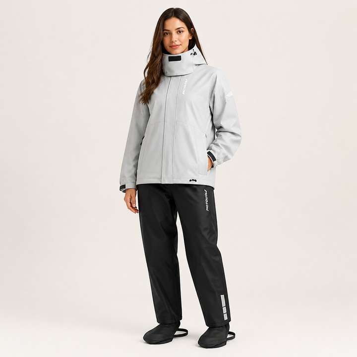 Unisex waterdicht regenpak voor wandelaars. Houdt droog en warm tijdens lange tochten.