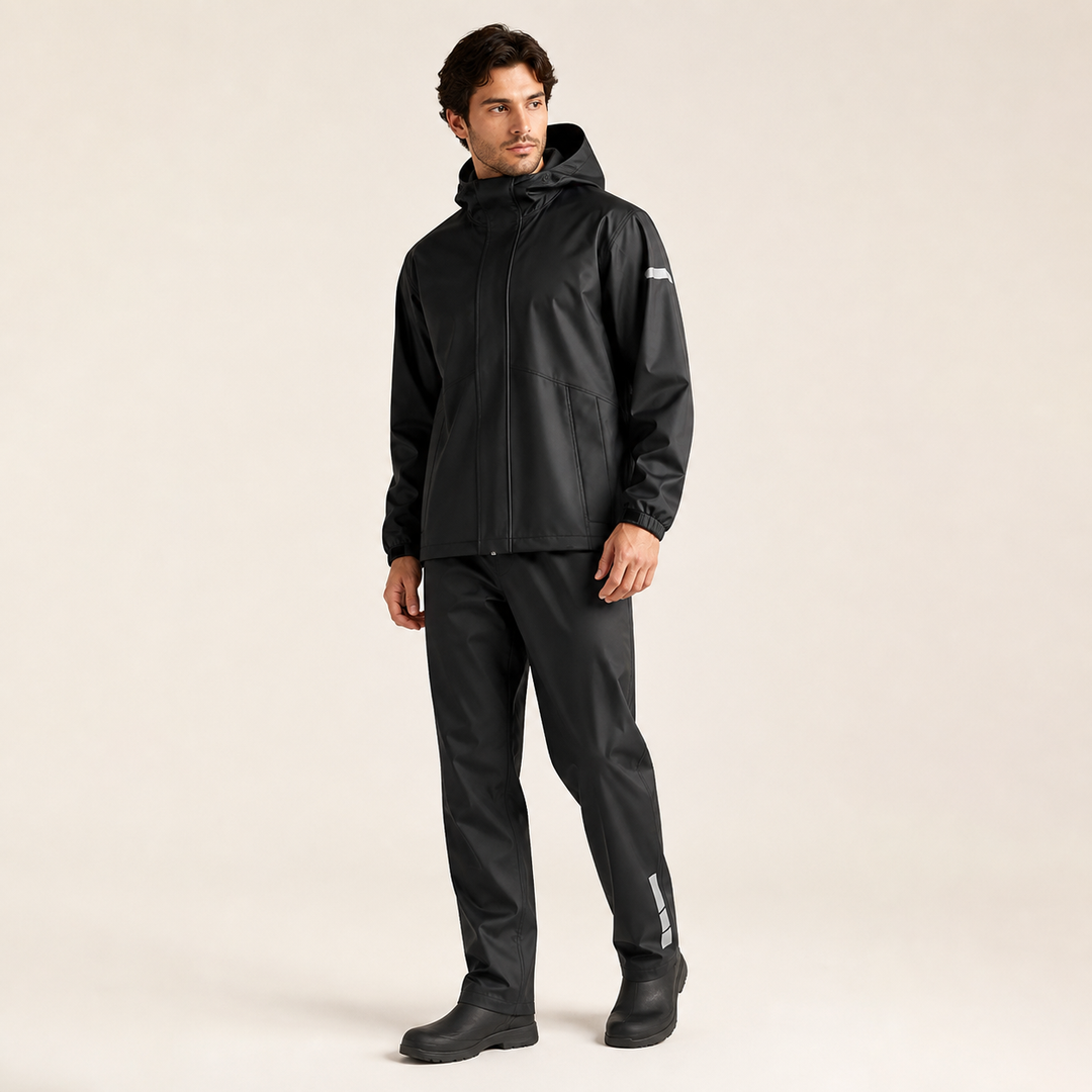 Volledig waterdicht outdoor regenpak, unisex. Beschermt tegen elk weertype, zeer duurzaam.