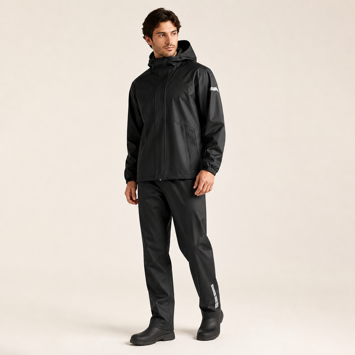 Volledig waterdicht outdoor regenpak, unisex. Beschermt tegen elk weertype, zeer duurzaam.