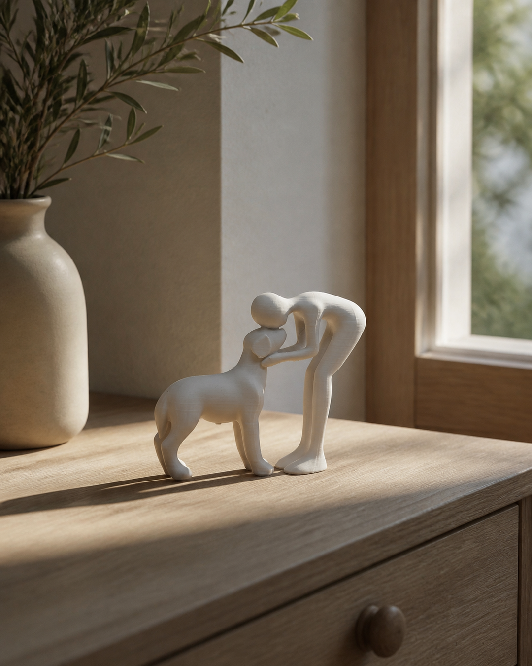 Elegant abstract kunstwerk, een sculptuur van mens en dier die verbinding en liefde uitstraalt. Modern interieur design.