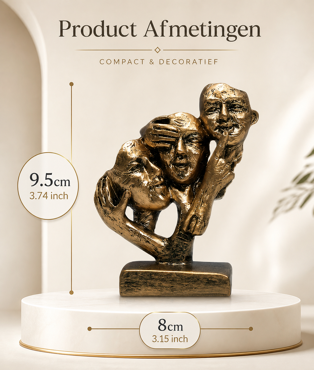 Uniek geschenk: Abstract beeldje 'Horen, Zien, Zwijgen', symbolische interieurdecoratie met modern design.