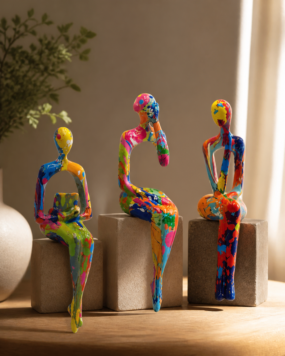 Moderne kunst sculptuur set met abstracte, kleurrijke figuren. Perfecte woondecoratie voor elke kamer.