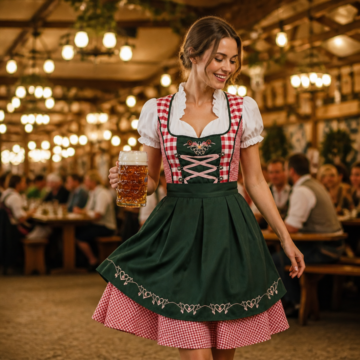 Volledige weergave van de Oktoberfest damesjurk: traditioneel geruit, compleet met strik en Beierse stijl.