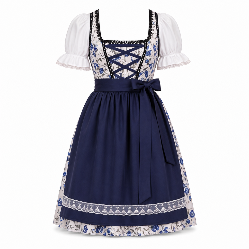 Dames Oktoberfest dirndl jurk met traditioneel bloemenpatroon en retro stijl, perfect voor bierfeesten en carnaval.