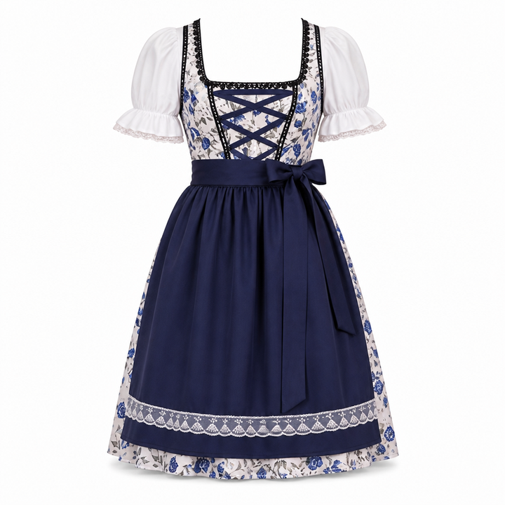 Dames Oktoberfest dirndl jurk met traditioneel bloemenpatroon en retro stijl, perfect voor bierfeesten en carnaval.