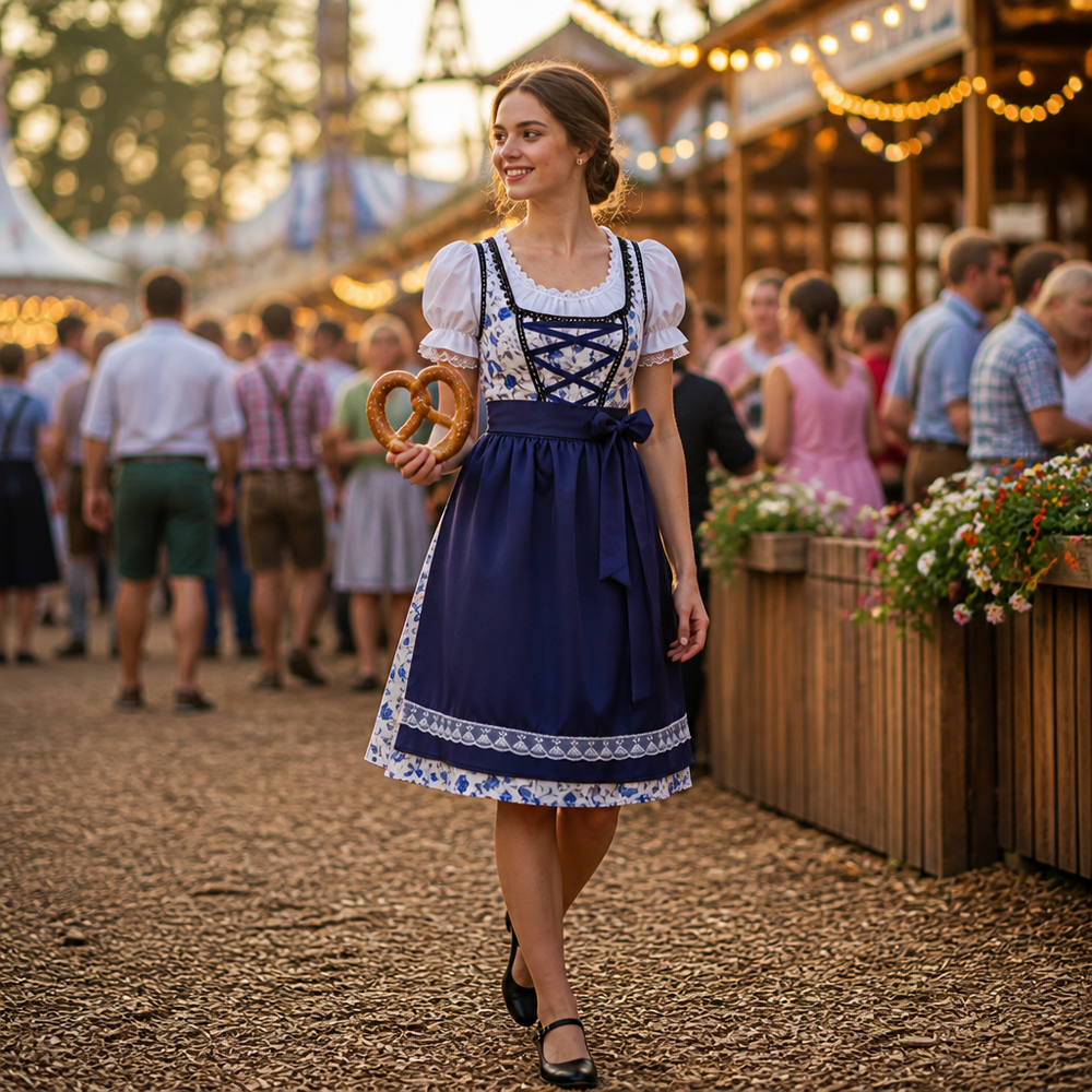 Oktoberfest dames dirndl jurk met geborduurde bloemen, witte blouse en traditionele vetercorsage.