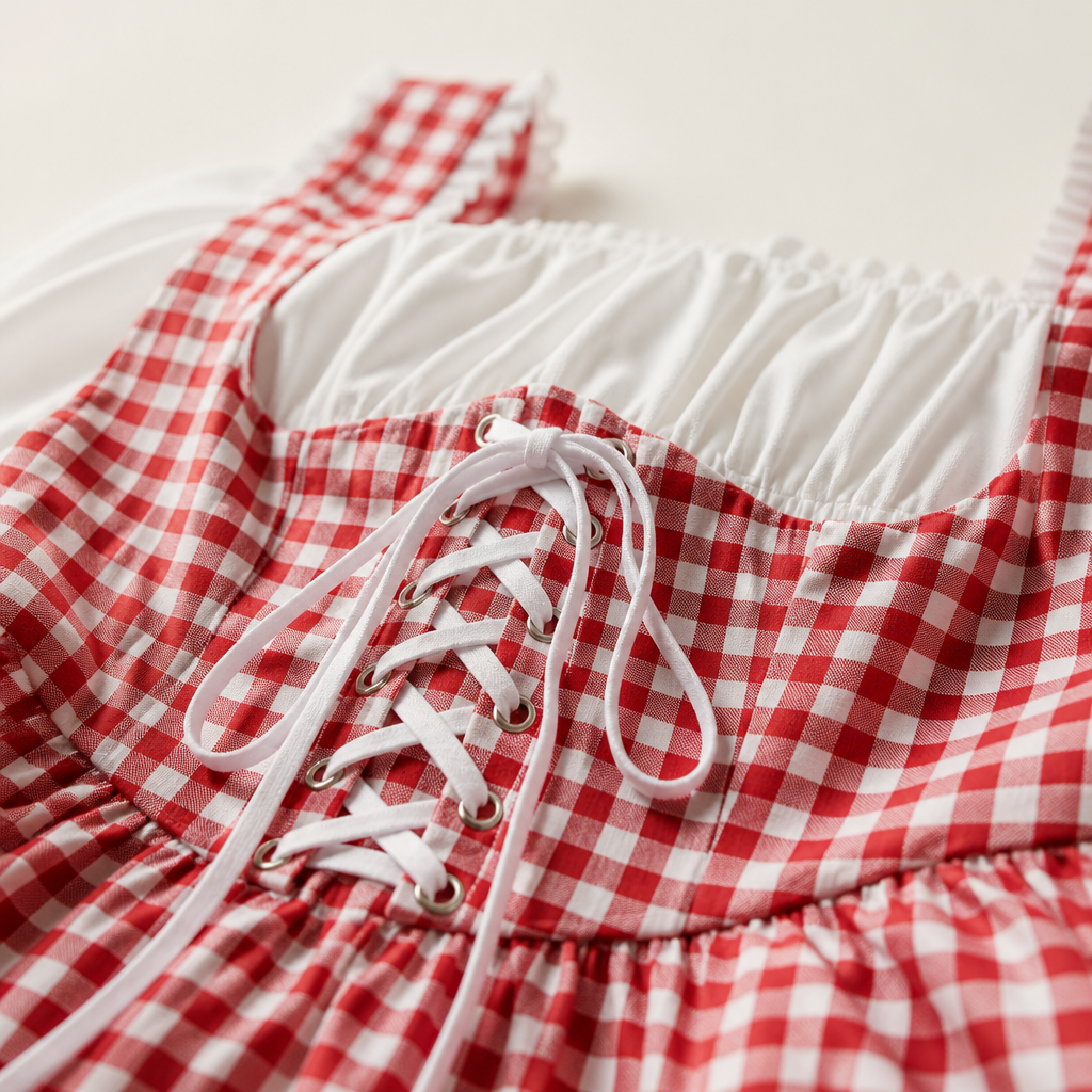 Klassieke geruite dames Oktoberfest jurk in retro stijl, met pofmouwen en subtiele strikken.