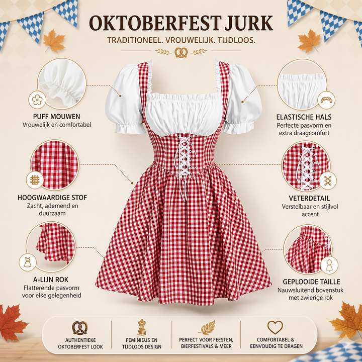 Thematische dames jurk voor carnaval of Oktoberfest, met geruit patroon, pofmouwen en strikdetails.