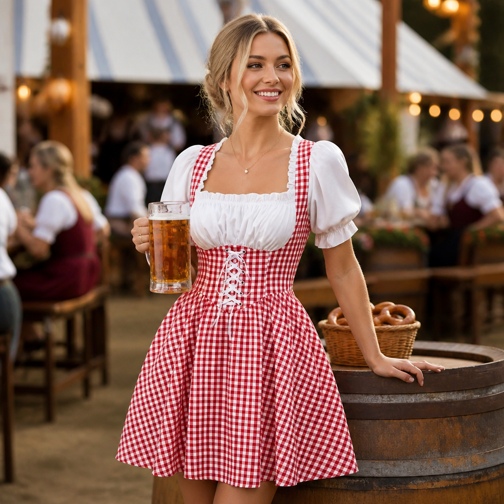 Levendige geruite Oktoberfest jurk voor dames, compleet met pofmouwen en verfijnde strikdetails.