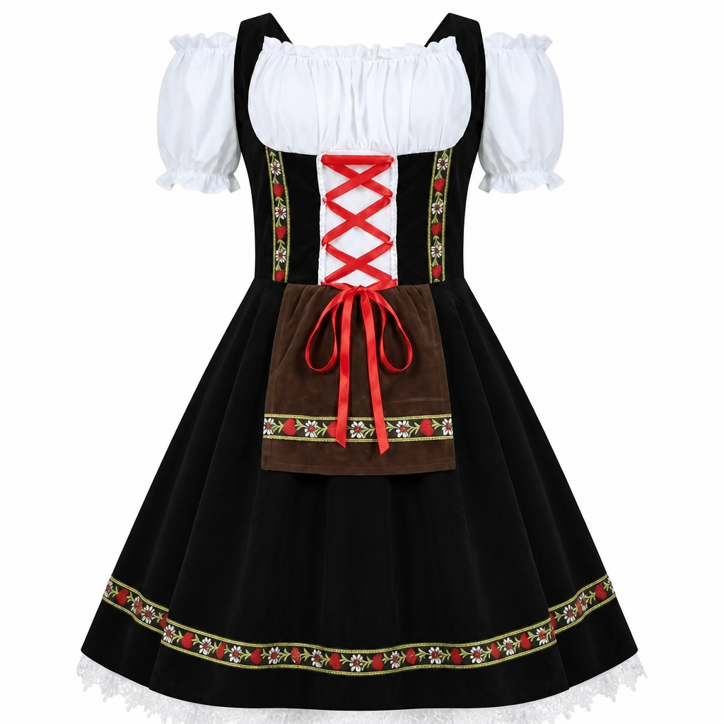 Vrolijke vrouw draagt een authentieke dames Oktoberfest dirndl jurk, ideaal voor bierfeestjes en evenementen.