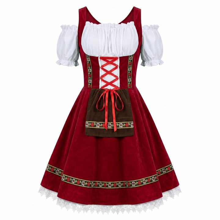 Traditionele Beierse dames dirndl jurk voor Oktoberfest, compleet met schort. Perfecte bierfeest outfit.