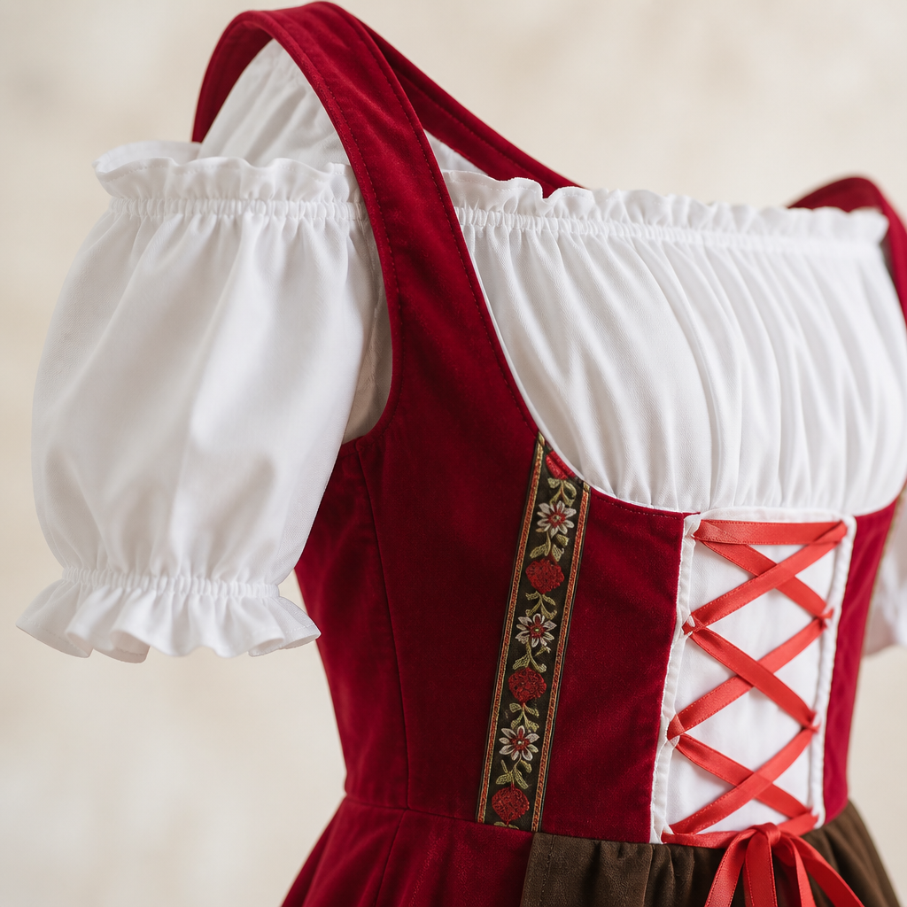 Detail van de geplooide rok en het traditionele schort van de Beierse dirndl jurk, ideaal voor themafeesten.