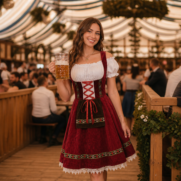 Feestelijke dames dirndl jurk speciaal ontworpen voor Oktoberfest en bierfeesten, comfortabel en stijlvol.