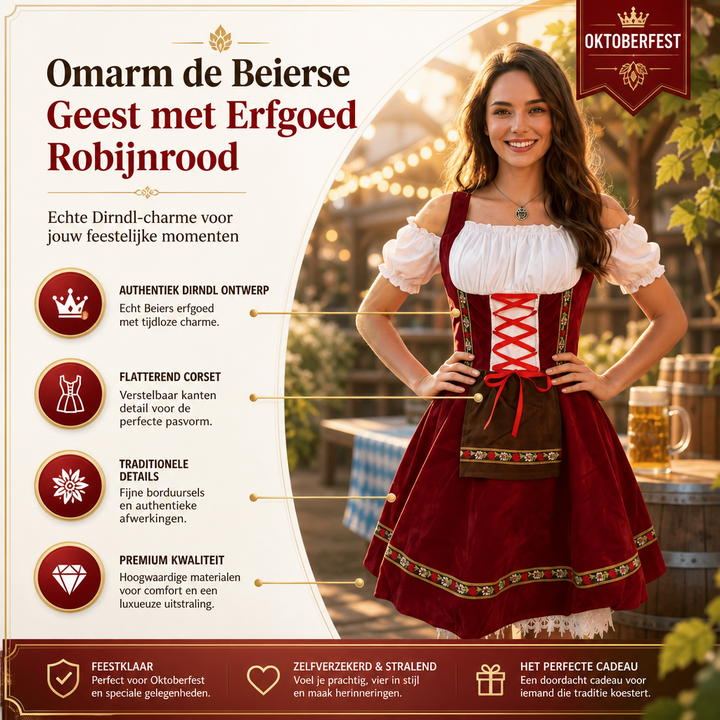 Authentieke Beierse dames dirndl jurk, traditioneel ontworpen en perfect voor een cultureel Oktoberfest themafeest.