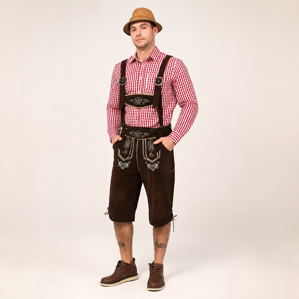 Traditionele geborduurde heren Oktoberfest overall in Beierse stijl, ideaal voor carnaval en themafeesten.