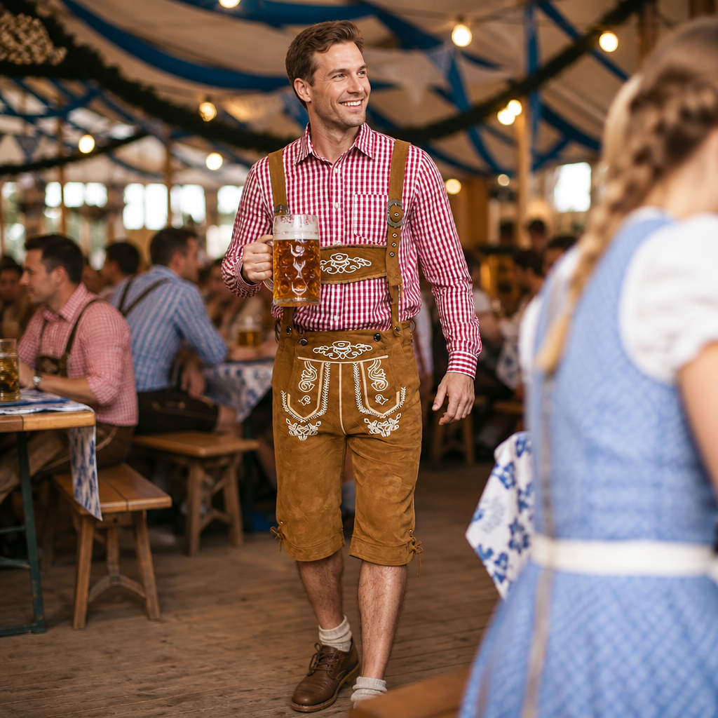 Gedetailleerd geborduurde heren Oktoberfest overall, authentieke Beierse kleding voor heren en feestgangers.
