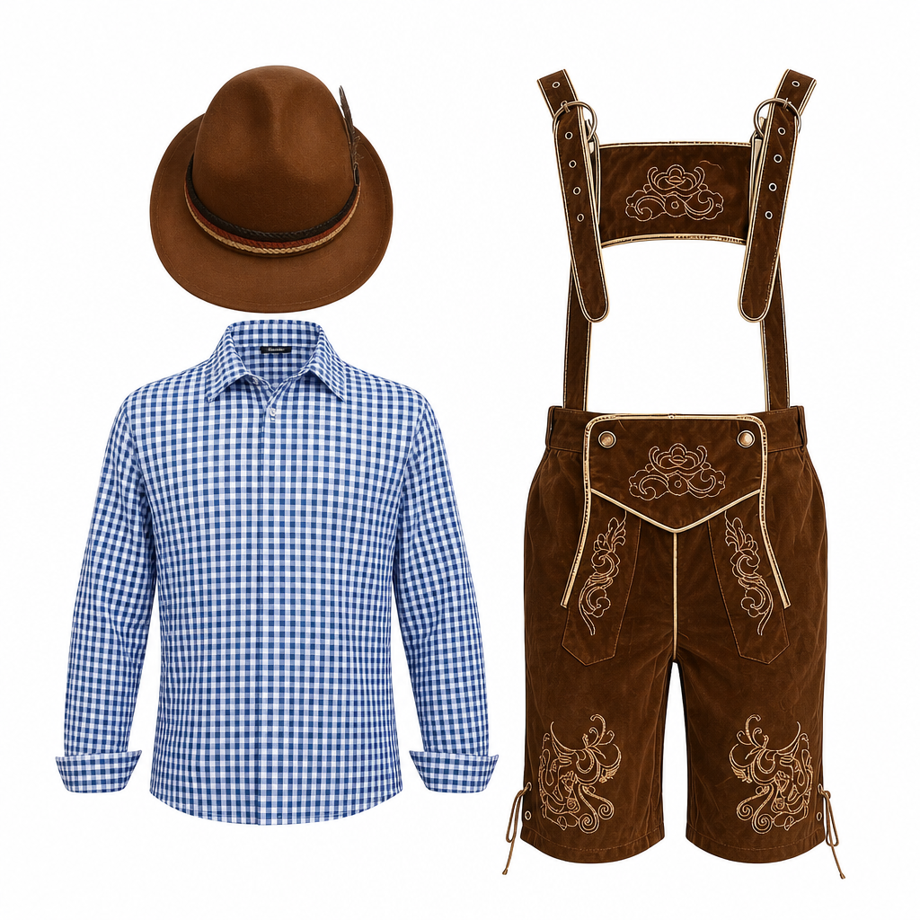 Heren Oktoberfest kostuumset compleet met traditionele Beierse Lederhose, blouse en accessoires voor bierfeest.