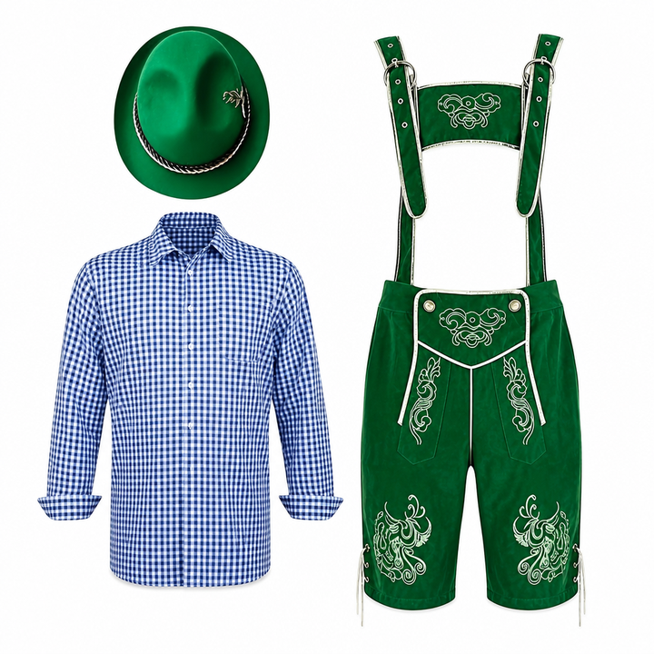 Authentiek heren Oktoberfest kostuum van duurzaam materiaal, inclusief traditionele Lederhose en blouse voor heren.