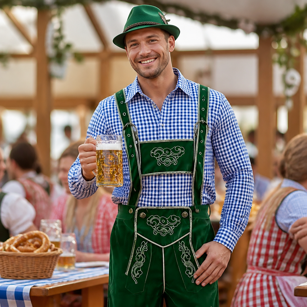 Gedetailleerd heren Oktoberfest Lederhose kostuum met borduurwerk, perfect voor carnaval of themafeest.