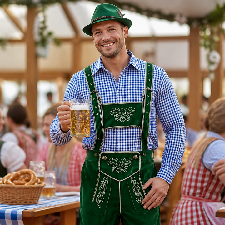 Gedetailleerd heren Oktoberfest Lederhose kostuum met borduurwerk, perfect voor carnaval of themafeest.