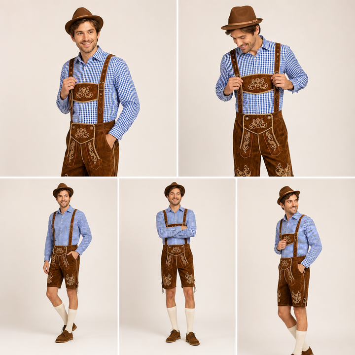 Complete heren Oktoberfest feestkleding set: Lederhose, geruite blouse, sokken, en hoed voor een authentieke look.