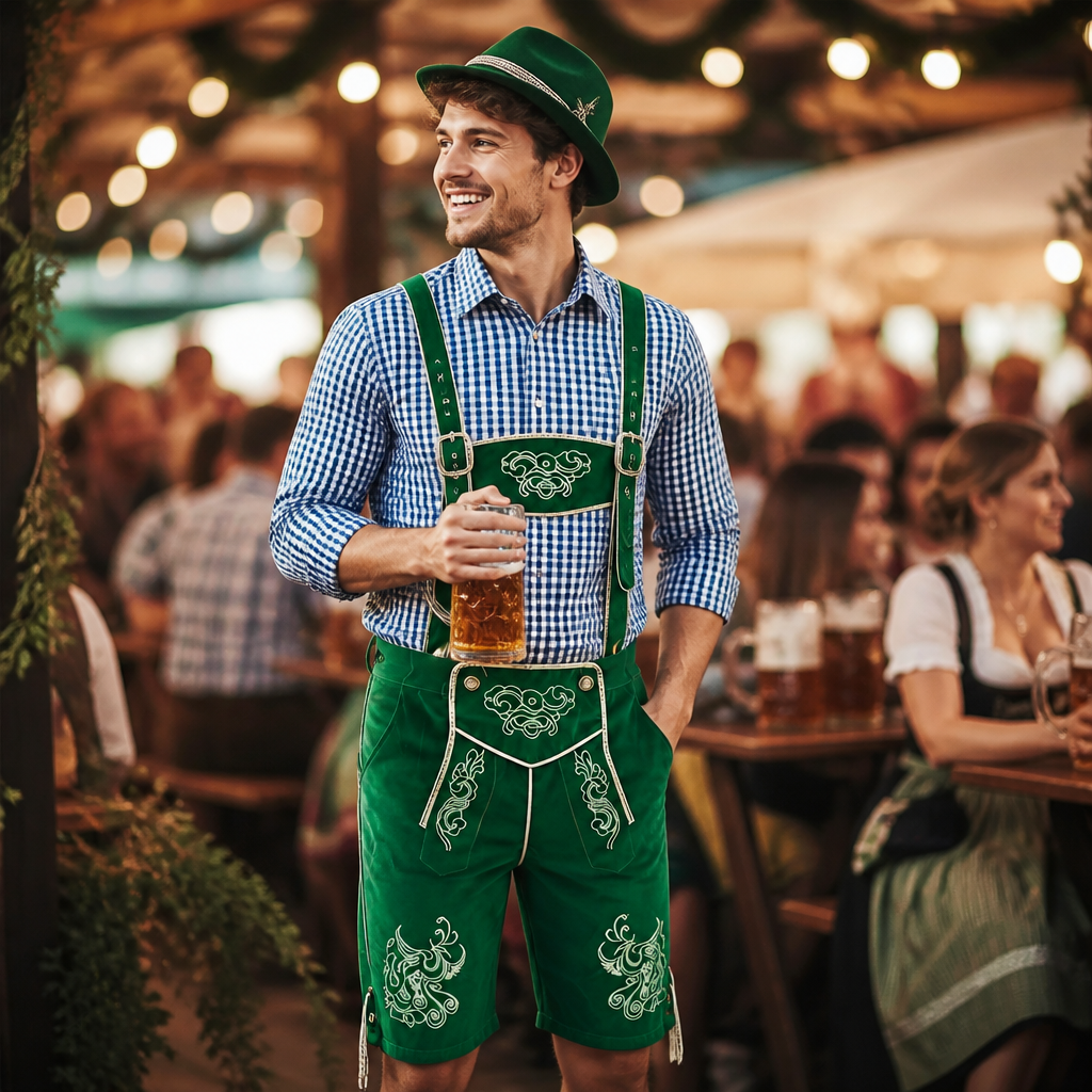 Heren Oktoberfest kostuum met Beierse hoed, sokken en traditionele Lederhose, ideaal voor elk feest.