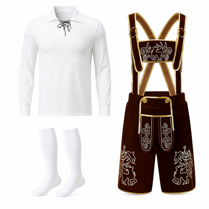 Heren Oktoberfest kostuum set met traditionele Beierse Lederhose, overhemd en vest voor bierfeest of themafeest.