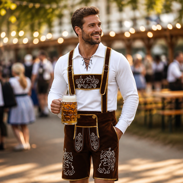 Traditioneel Oktoberfest herenkostuum met gedetailleerde borduursels voor een authentieke Beierse feestlook.