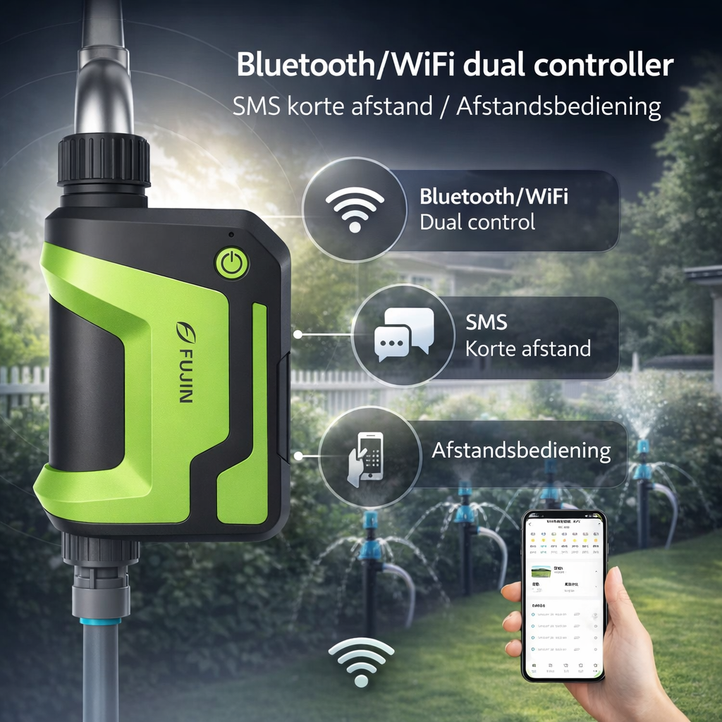 Compacte WiFi irrigatie controller; eenvoudig te installeren voor slimme, geautomatiseerde tuinbewatering en plantenverzorging.