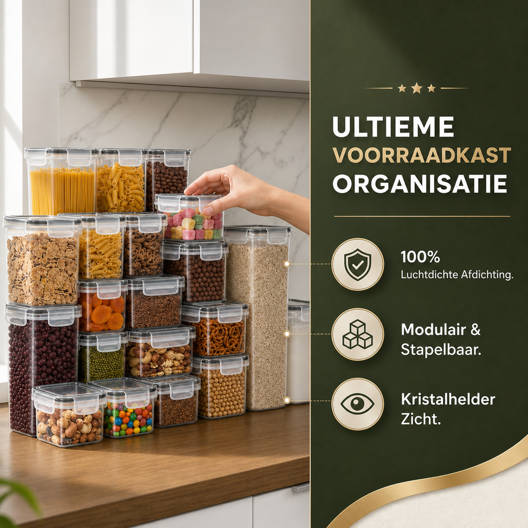 Close-up van een luchtdichte opbergbox met granen, toont versheid en handige voedselopslag in de keuken.