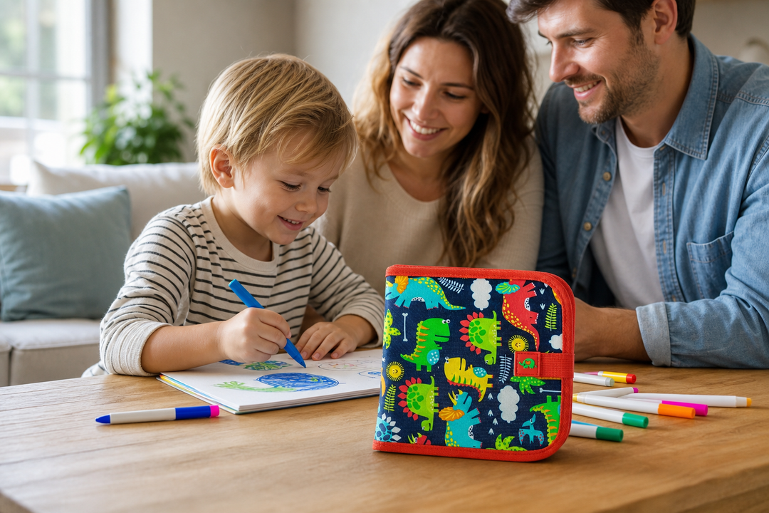 Montessori-geïnspireerd uitwisbaar tekenboek voor kleuters; duurzaam speelgoed, bevordert fijne motoriek.