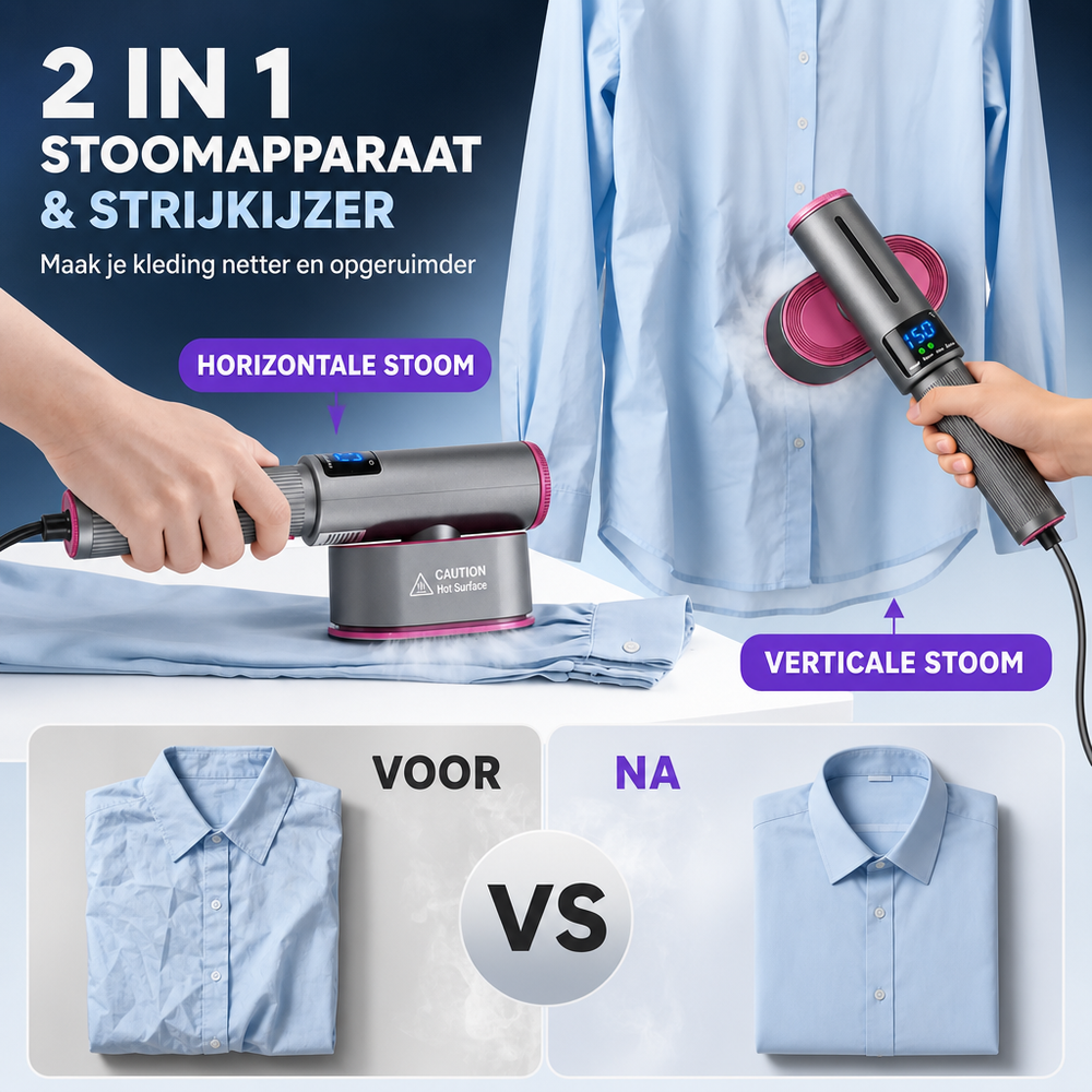 Compacte handstomer, ideaal voor het snel verwijderen van kreuken uit kleding, thuis of op reis.