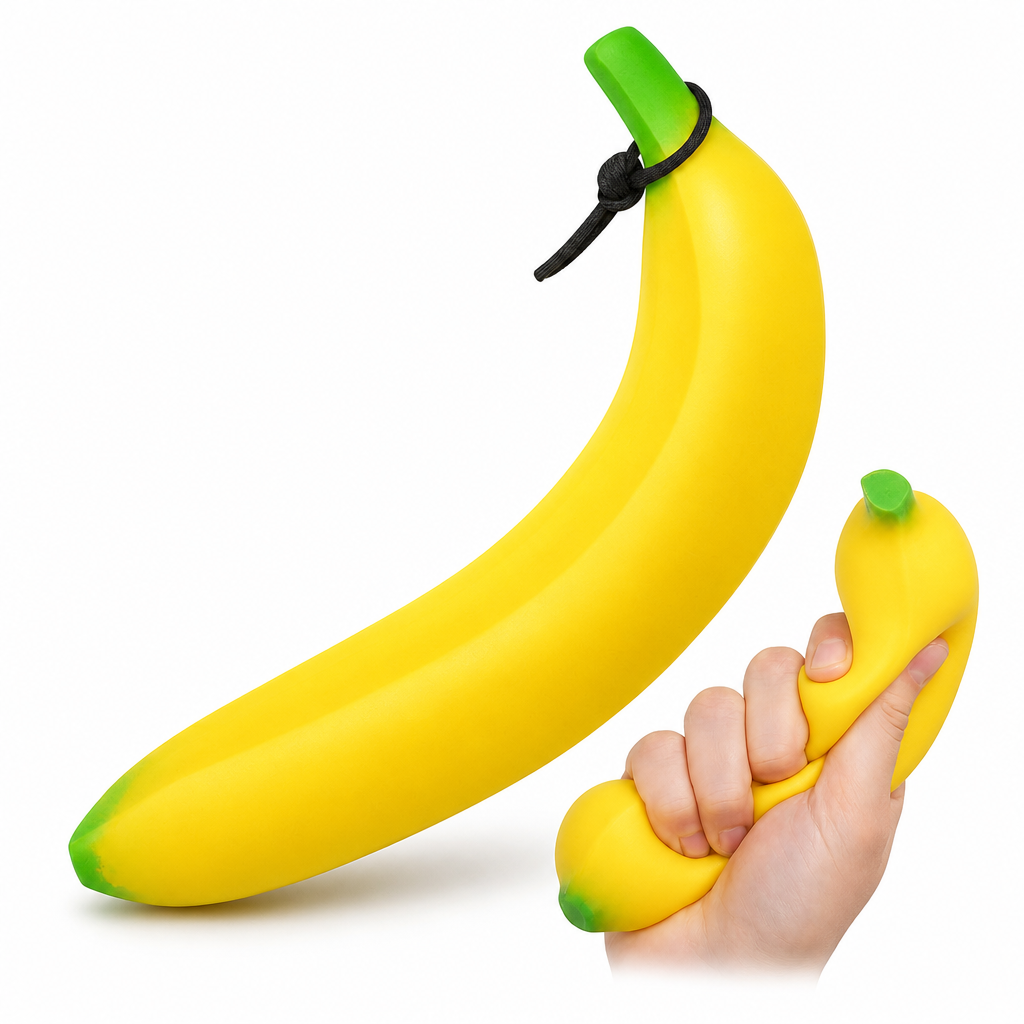 Gele banaan squishy fidget speeltje, ultrazachte stressbal voor ontspanning en stressvermindering.