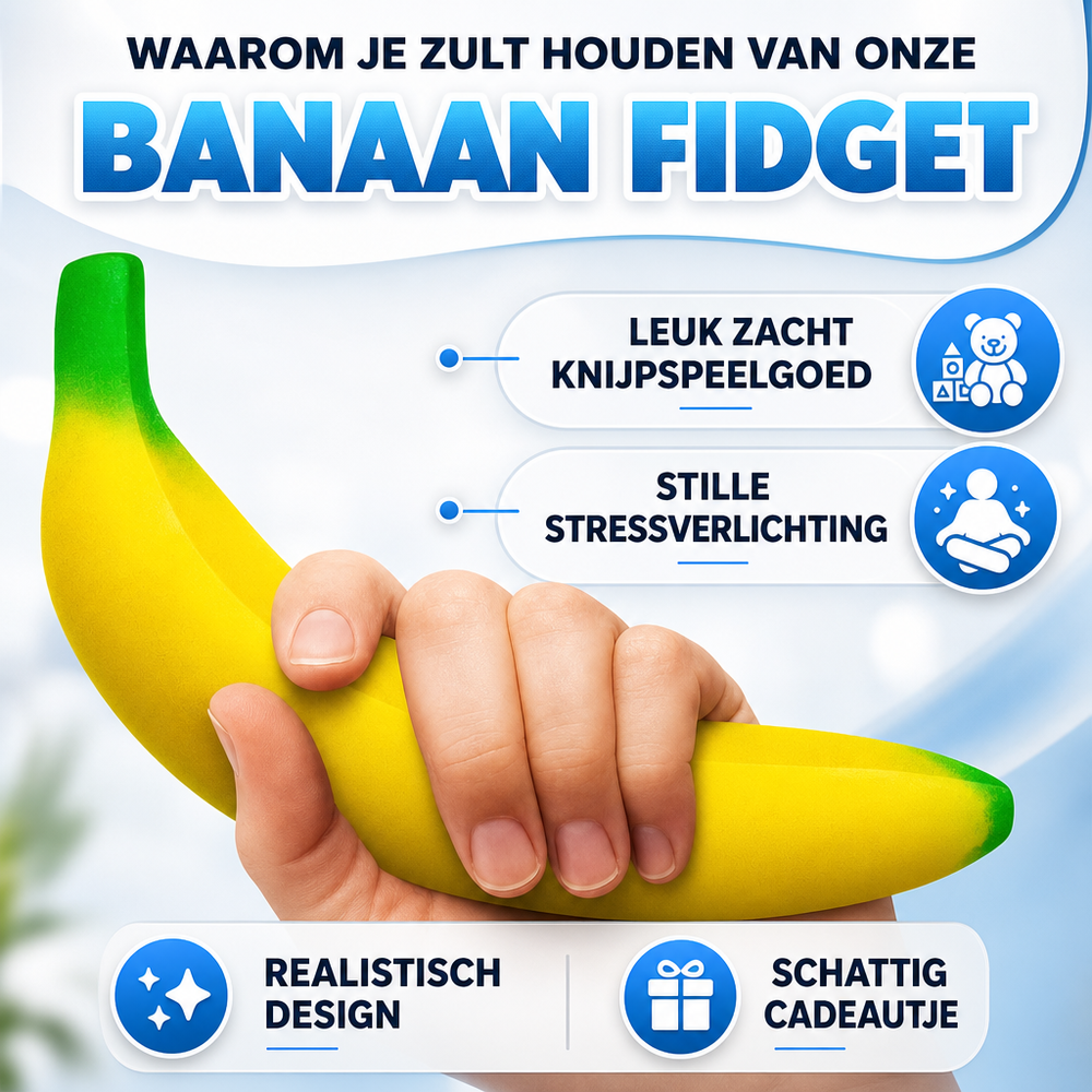 Close-up van de ultrazachte banaan squishy stressbal, perfect voor friemelen en sensorische stimulatie.