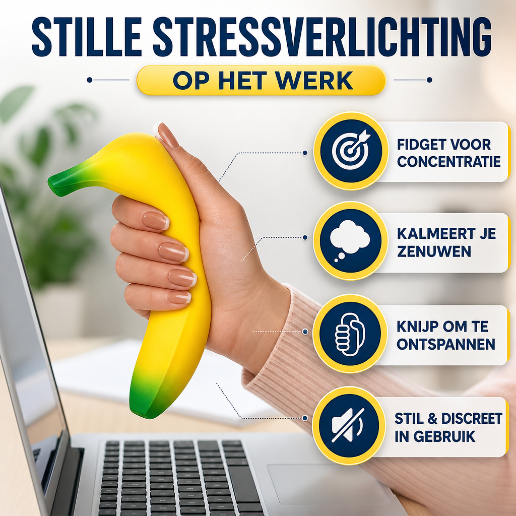 Banaan anti-stress squishy, ideaal friemelspeelgoed voor ontspanning en focus bij kinderen en volwassenen.