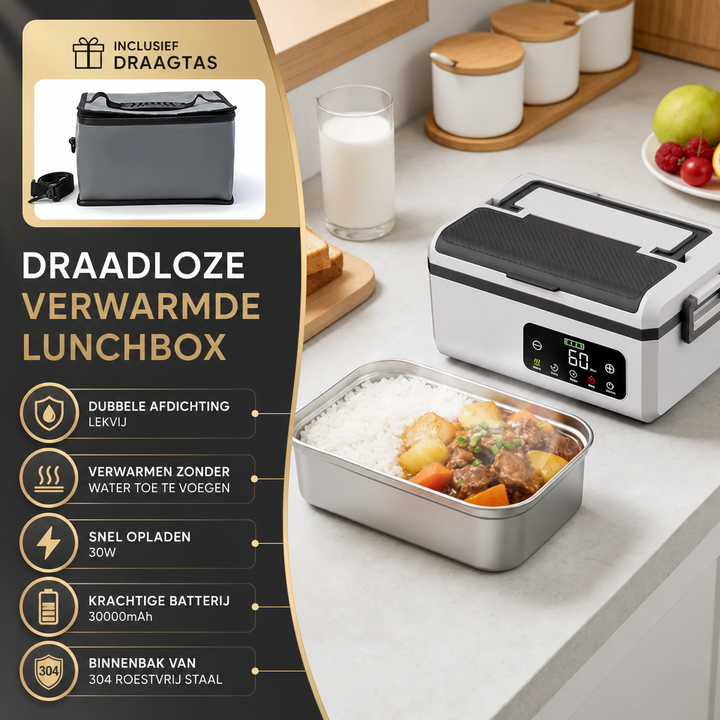 Elektrische maaltijdverwarmer, draadloze lunchbox. Perfect voor een warme lunch buitenshuis, op werk of reis.