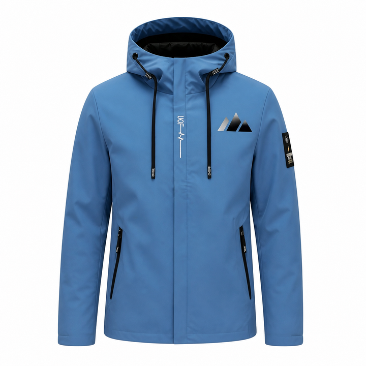 Textuur van de waterdichte stof van deze heren outdoor jas. Lichtgewicht, comfortabel en duurzaam voor avonturen.