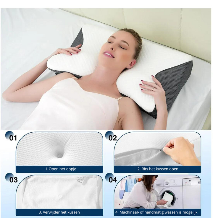 Hypoallergeen ergonomisch slaapkussen van ademend geheugenschuim. Biedt comfort en verlichting van nekpijn.