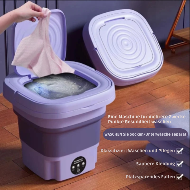 Compacte wasmachine voor studenten of op reis. 8L inhoud, eenvoudig opvouwbaar en efficiënt in gebruik.