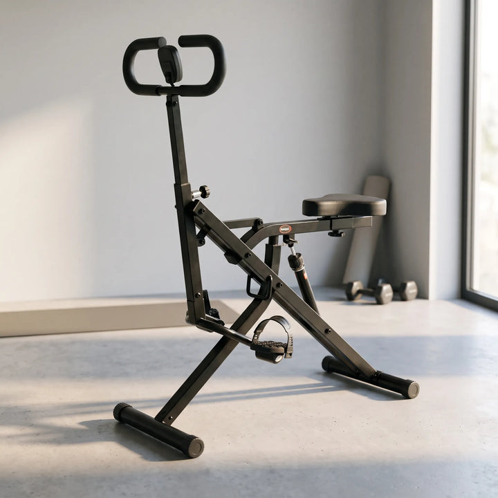 Opvouwbaar fitnessapparaat thuis, ideaal voor een full-body workout en cardio. Compacte thuistraining.