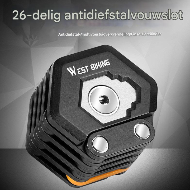 Compact opvouwbaar fietsslot van gelegeerd staal voor optimale fietsbeveiliging. Antidiefstal slot voor elke fiets.