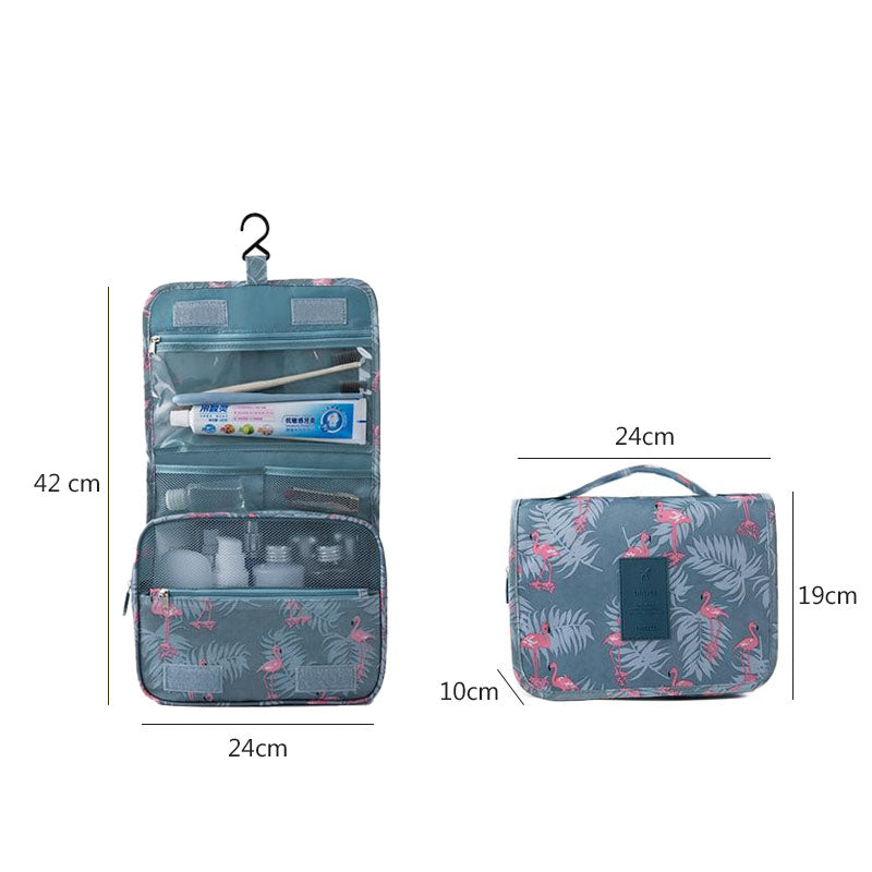 Geopende reis organizer toilettas met overzichtelijke compartimenten voor al je reisbenodigdheden.