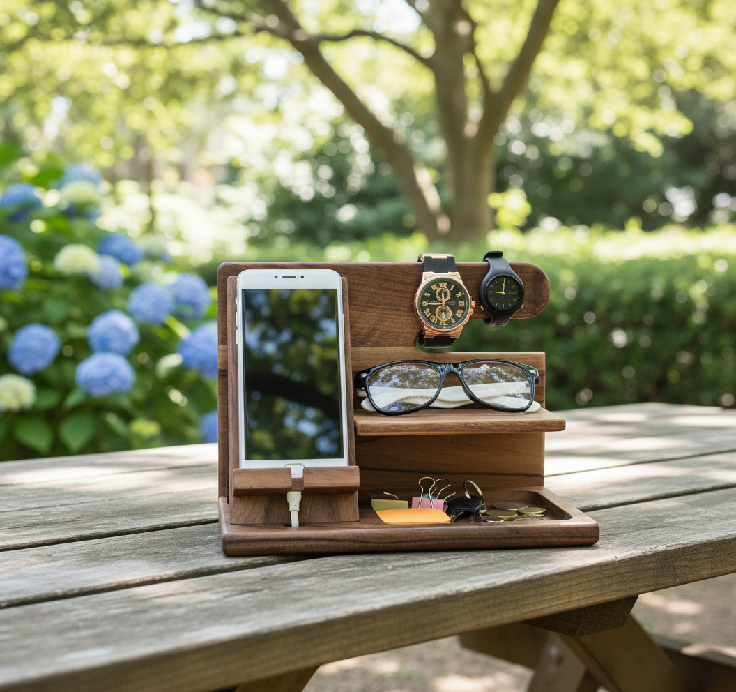 Stijlvolle bruine houten bureau organizer, perfect voor opbergen en organiseren van je moderne werkplek met telefoonstandaard.