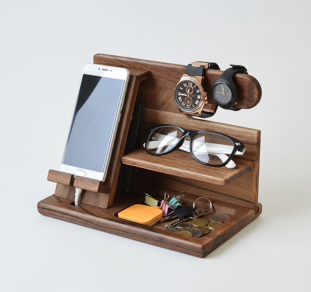 Gedetailleerde weergave van de houten bureau organizer met vakken voor kantooraccessoires en geïntegreerde telefoonstandaard.